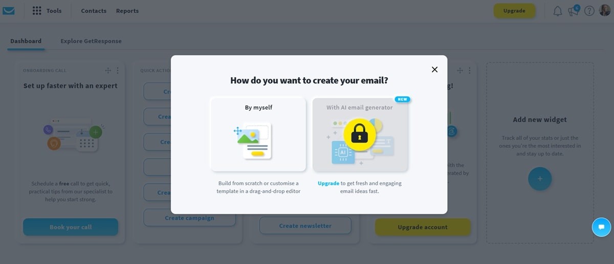 GetResponse AI email generator interface showing options to create newsletter using artificial intelligence or manual email editor